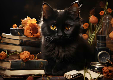 Cute Black Cat and Flowers