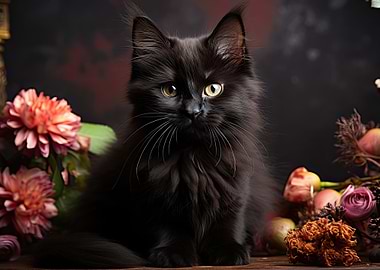 Cute Black Cat and Flowers