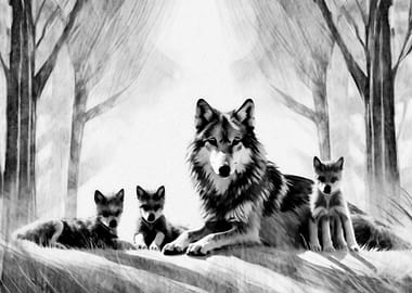 She Wolf With Her 3 Cubs