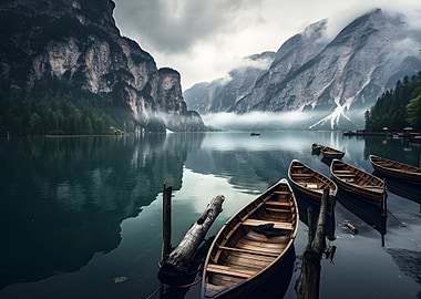 Mountains at Lake Boats