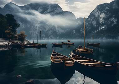Mountains at Lake Boats