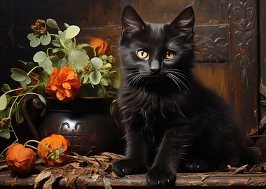 Black Cat and Flowers