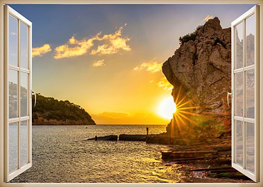 Open window sunrise sea