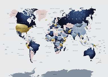 World Map in Pink and Blue