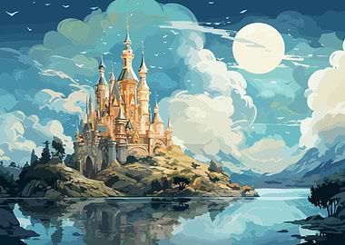 Fantasy Lake Island Castle