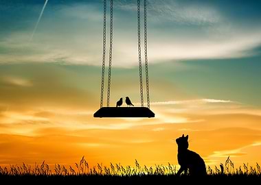 Birds swing and Cat Nature