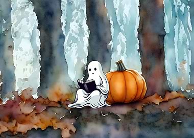 Ghost Reading With Pumpkin