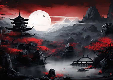 Japan Landscape Red Black