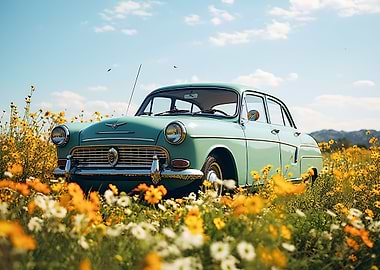 Floral Vintage Retro Car