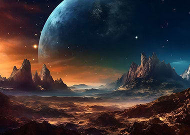 Orange sun misty mountains