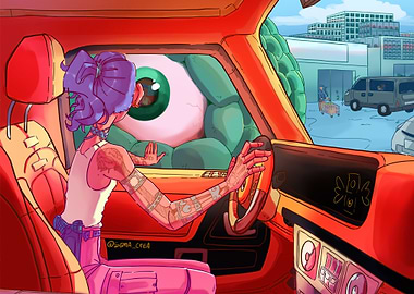 Voiture et monstre serpent