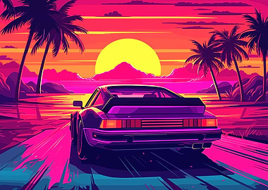 synthwave retro car sunset
