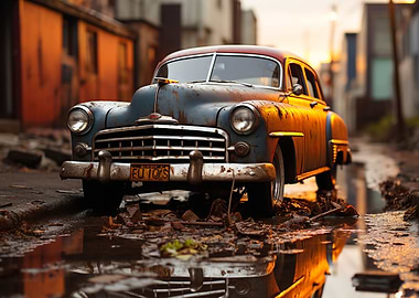 an old rusty car sitting i