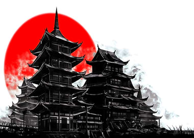 japanese temple red sun