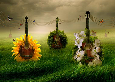 Guitars Green Grass Foggy