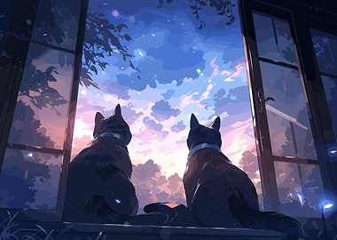 Anime Stargazing Sky Cats