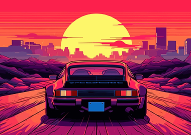 synthwave retro car sunset