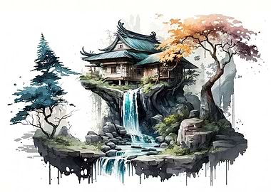 Asian ink landscape house