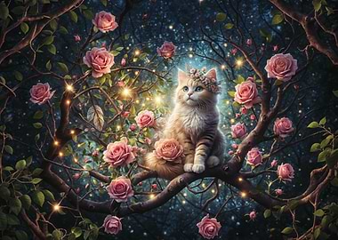 Ginger cat on roses tree