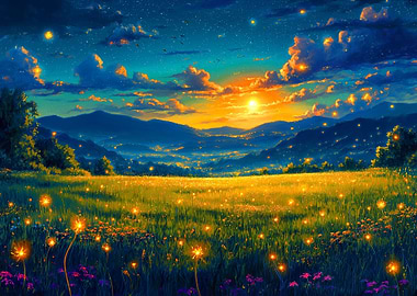 Dawn Sunset Flowers Field