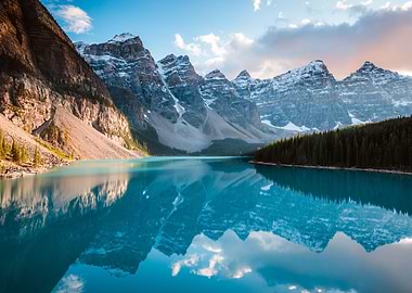 Sunset over lake and peaks