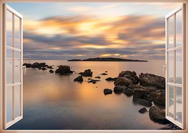 open window sea sunset