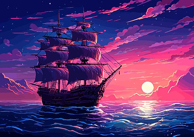 Ship Sails Retro Pixel Art