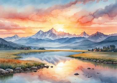 Sunset Over Mountain Lake