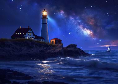 lighthouse shining at nigh