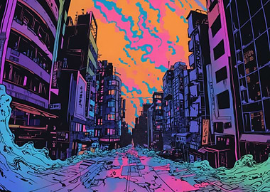 Cyberpunk city comic style