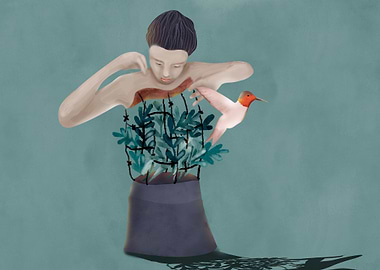 Surreal woman with bird