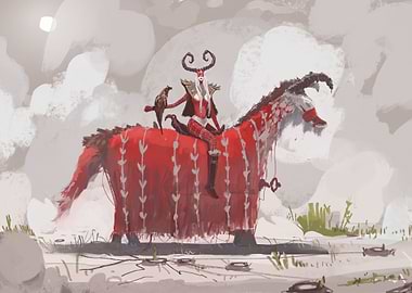 Girl on red cloth horse