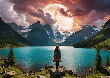 Girl and mountain lake
