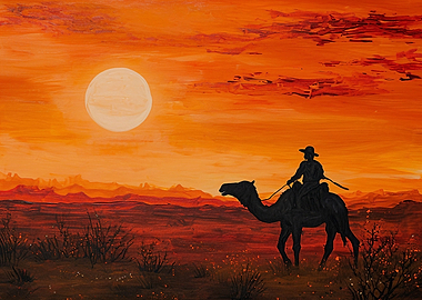 Desert camel rider at sunr