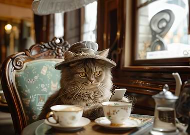 Cat in hat with phone