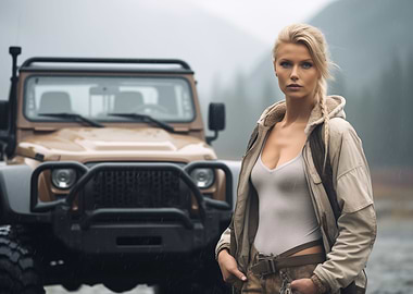 Woman and off road car