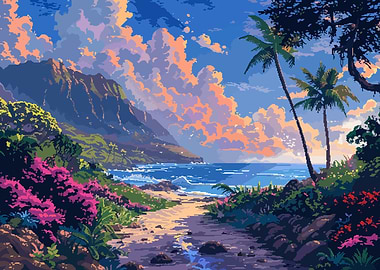 Hawaii Tropical Pixel Art