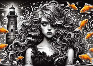 Mermaid and Goldfish Art