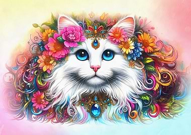 White cat in flowers