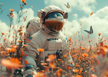 Astronaut in flower field