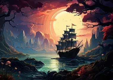 Pirate ship sunset