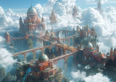 Flying town in clouds