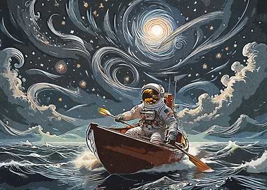 Astronaut rowing a boat