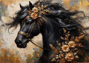 Golden Floral Horse Art