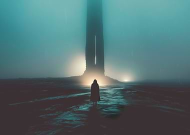 Vast Foggy Desert Monolith