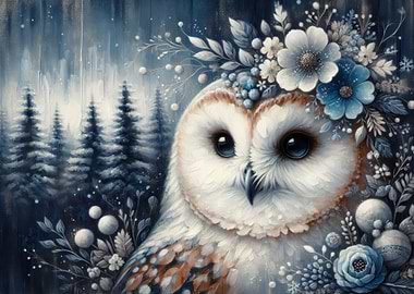 Fantasy Floral White Owl