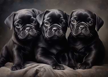 Three black Pug puppies
