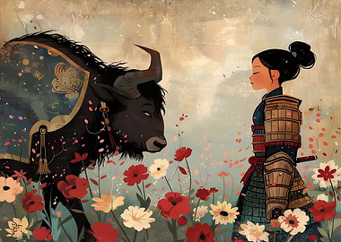 Warrior girl with buffalo