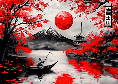 Mt Fuji red painting style