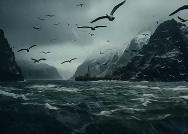 Raging sea ship and birds